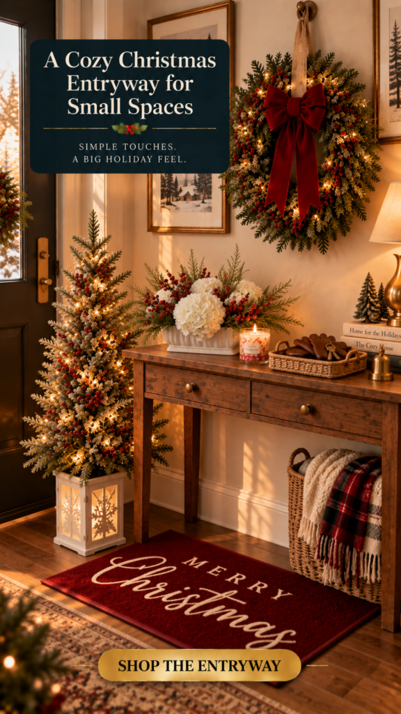 Cozy small apartment Christmas entryway with a slim pre-lit pine tree in a white lantern-style planter beside the front door. A lush lit evergreen wreath with a red velvet bow hangs on the wall above a rustic wood console styled with white hydrangeas and red berries in a cream planter, a warm candle, a woven basket of gingerbread cookies, and a small brass bell. A red "Merry Christmas" doormat lies on the floor, a woven basket of cream and plaid throws sits beneath the console. Text overlay reads "A Cozy Christmas Entryway for Small Spaces".