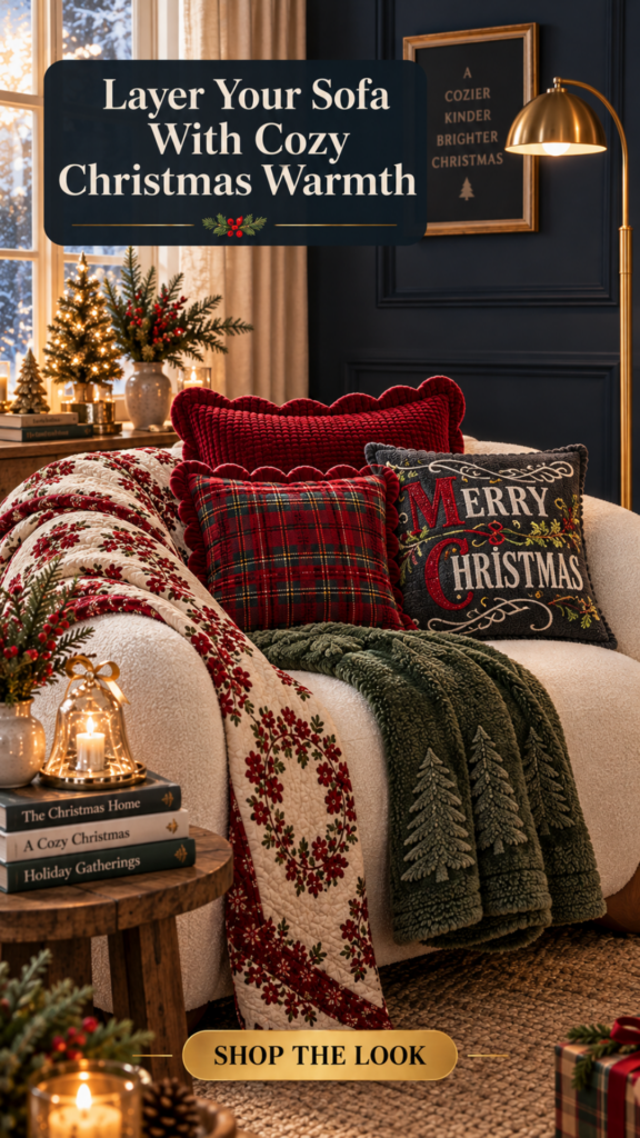 Cream boucle sofa layered with cozy Christmas textiles against a dark navy accent wall. Pillows include a scalloped red velvet pillow, a red and green plaid pillow, and a chalkboard "Merry Christmas" embroidered pillow. A floral wreath print quilt drapes across one arm, a deep green evergreen tree textured throw drapes across the other. Small side table with a bell candle and stack of Christmas books beside a mini lit tabletop tree, brass floor lamp, and framed "A Cozier Kinder Brighter Christmas" print. Text overlay reads "Layer Your Sofa With Cozy Christmas Warmth".