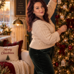 A woman in a cream cable knit sweater and dark green velvet pants hangs a mercury glass ornament near the top of a tall narrow pre-lit Christmas tree tucked into the corner of a small cozy living room. The tree is trimmed with red velvet bows, mercury glass ornaments, and a small house ornament. Cream boucle sofa layered with plaid and Merry Christmas pillows behind her, dark navy wall, brass floor lamp, framed "A Cozier Kinder Brighter Christmas" print, wrapped gifts under the tree. Text overlay reads "The Narrow Christmas Tree That Fits Any Corner".