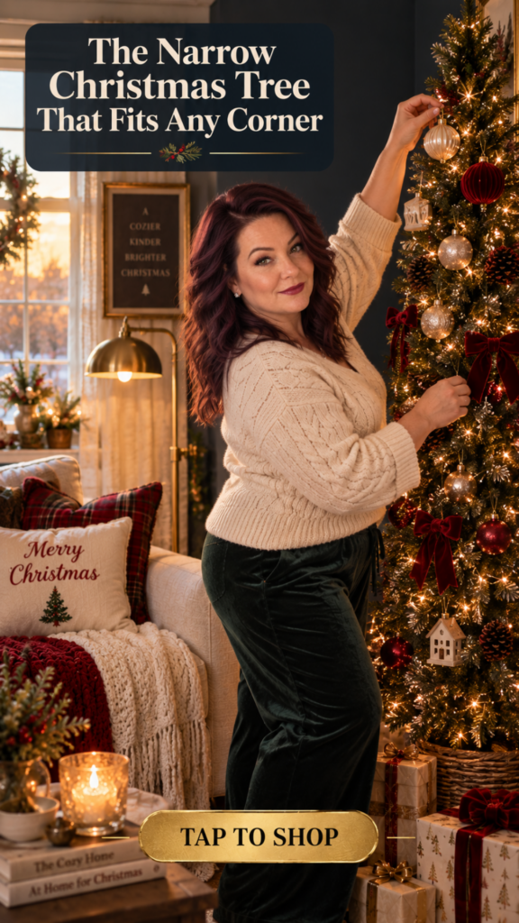 A woman in a cream cable knit sweater and dark green velvet pants hangs a mercury glass ornament near the top of a tall narrow pre-lit Christmas tree tucked into the corner of a small cozy living room. The tree is trimmed with red velvet bows, mercury glass ornaments, and a small house ornament. Cream boucle sofa layered with plaid and Merry Christmas pillows behind her, dark navy wall, brass floor lamp, framed "A Cozier Kinder Brighter Christmas" print, wrapped gifts under the tree. Text overlay reads "The Narrow Christmas Tree That Fits Any Corner".