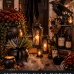 Moody witchy fall front porch at dusk with a matte black door and grapevine wreath wrapped in flowing black velvet ribbon with cascading bow, large black cast iron cauldron planter overflowing with dried burgundy mums and trailing ivy, medium cauldron holding dried sage lavender and rosemary bundles tied with black satin ribbon, cluster of three tall black cast iron lanterns at varied heights with flickering candles, life-sized black metal raven yard-art statue perched on a weathered wooden crate.