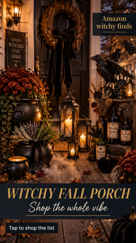 Moody witchy fall front porch at dusk with a matte black door and grapevine wreath wrapped in flowing black velvet ribbon with cascading bow, large black cast iron cauldron planter overflowing with dried burgundy mums and trailing ivy, medium cauldron holding dried sage lavender and rosemary bundles tied with black satin ribbon, cluster of three tall black cast iron lanterns at varied heights with flickering candles, life-sized black metal raven yard-art statue perched on a weathered wooden crate.