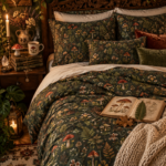 Forest green mushroom duvet cover and pillow set for cottagecore mushroomcore bedroom decor