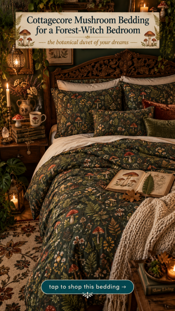 Forest green mushroom duvet cover and pillow set for cottagecore mushroomcore bedroom decor