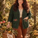 Forest green cable knit cardigan with embroidered mushrooms for cottagecore mushroomcore outfits