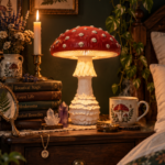 Handmade amanita mushroom table lamp with red cap and cream stem for cottagecore mushroomcore bedroom decor