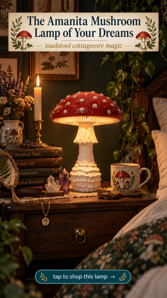 Handmade amanita mushroom table lamp with red cap and cream stem for cottagecore mushroomcore bedroom decor