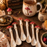 Handmade ceramic mushroom spoons with sculpted red amanita caps for cottagecore mushroomcore kitchen decor