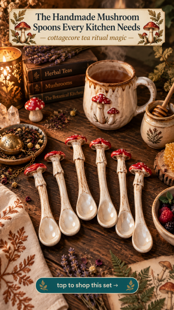 Handmade ceramic mushroom spoons with sculpted red amanita caps for cottagecore mushroomcore kitchen decor