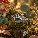 Handmade sterling silver mushroom emerald forest ring with sculpted amanita caps for cottagecore mushroomcore jewelry