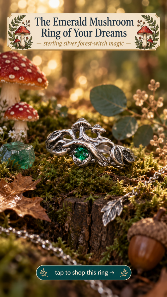 Handmade sterling silver mushroom emerald forest ring with sculpted amanita caps for cottagecore mushroomcore jewelry