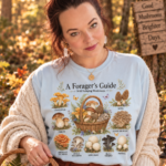 Light blue mushroom forager's guide t-shirt for cottagecore mushroomcore outfits and fall fashion