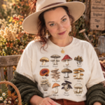 Cream vintage mushroom identification chart t-shirt for cottagecore mushroomcore fall outfits