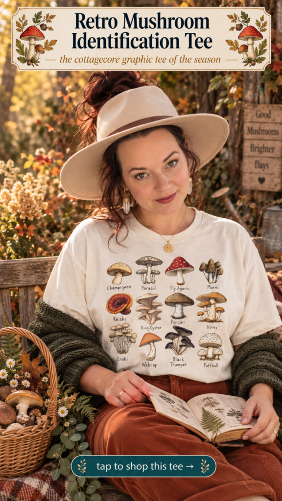 Cream vintage mushroom identification chart t-shirt for cottagecore mushroomcore fall outfits