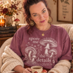 Dusty berry mauve mushroom graphic t-shirt spore me the details for cottagecore mushroomcore outfits