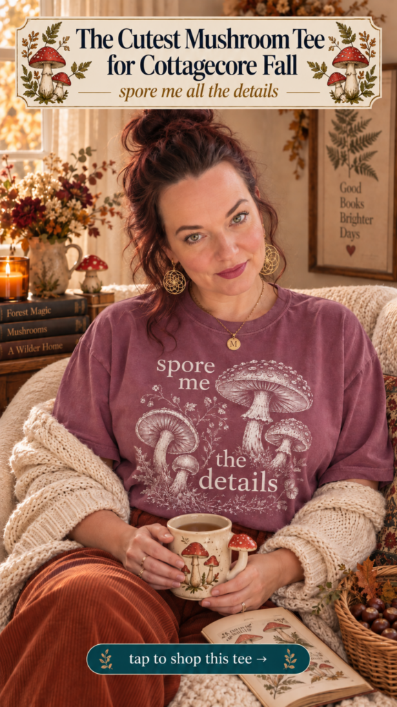 Dusty berry mauve mushroom graphic t-shirt spore me the details for cottagecore mushroomcore outfits