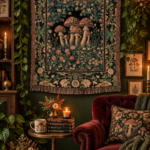Woven fairytale mushroom tapestry with botanical border for cottagecore mushroomcore bedroom wall decor