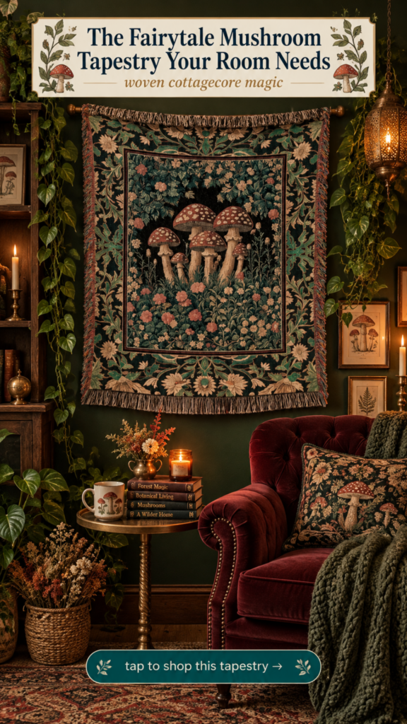 Woven fairytale mushroom tapestry with botanical border for cottagecore mushroomcore bedroom wall decor