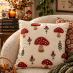 : Cream embroidered mushroom throw pillow with red amanita and ferns for cottagecore mushroomcore bedroom