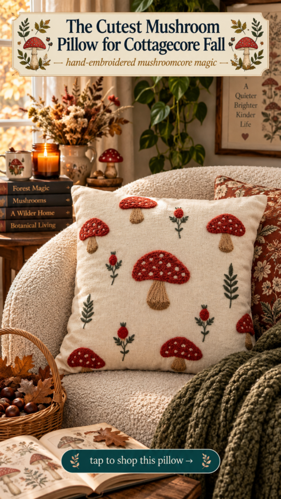 : Cream embroidered mushroom throw pillow with red amanita and ferns for cottagecore mushroomcore bedroom