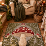 Tufted red amanita mushroom area rug with moss green border for cottagecore mushroomcore bedroom