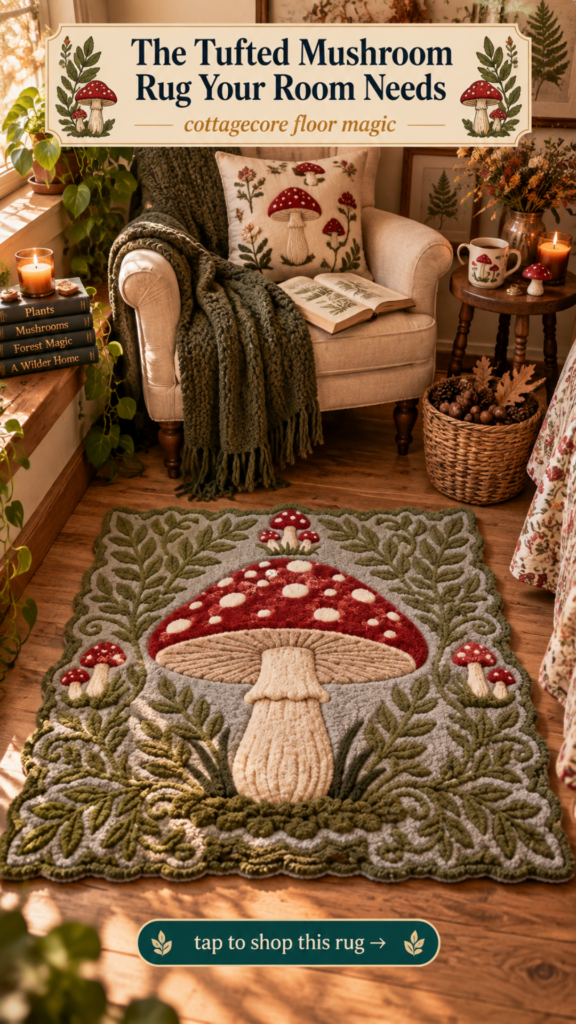 Tufted red amanita mushroom area rug with moss green border for cottagecore mushroomcore bedroom