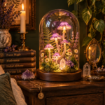 Purple mushroom glass dome lamp with crystal for witchy cottagecore mushroomcore bedroom lighting