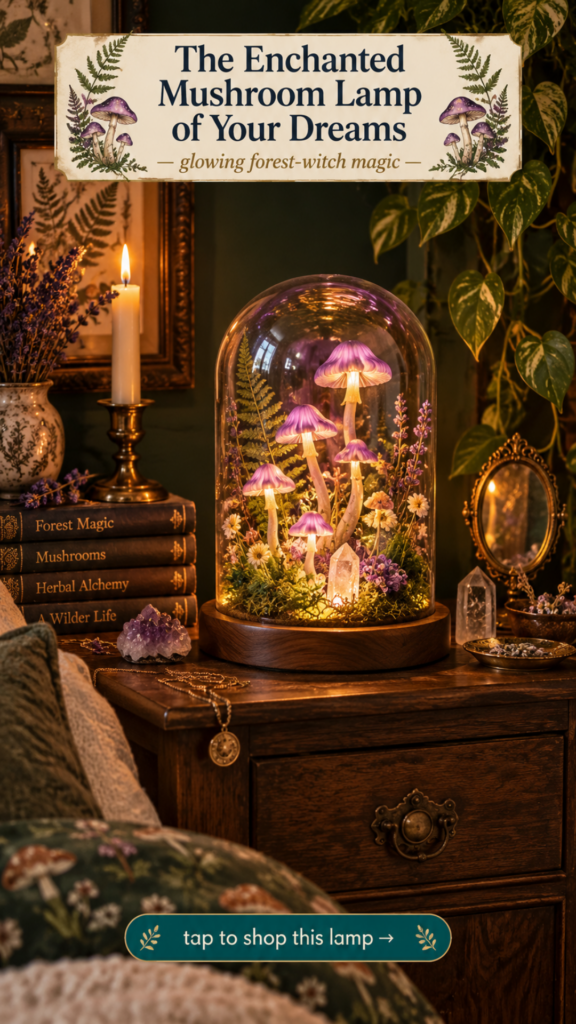 Purple mushroom glass dome lamp with crystal for witchy cottagecore mushroomcore bedroom lighting