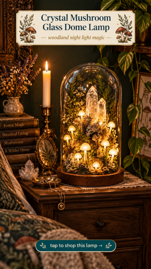 Crystal mushroom glass dome lamp with moss for witchy cottagecore mushroomcore bedroom night light
