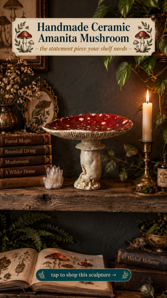 Handmade ceramic red amanita mushroom sculpture for cottagecore mushroomcore home decor shelfie