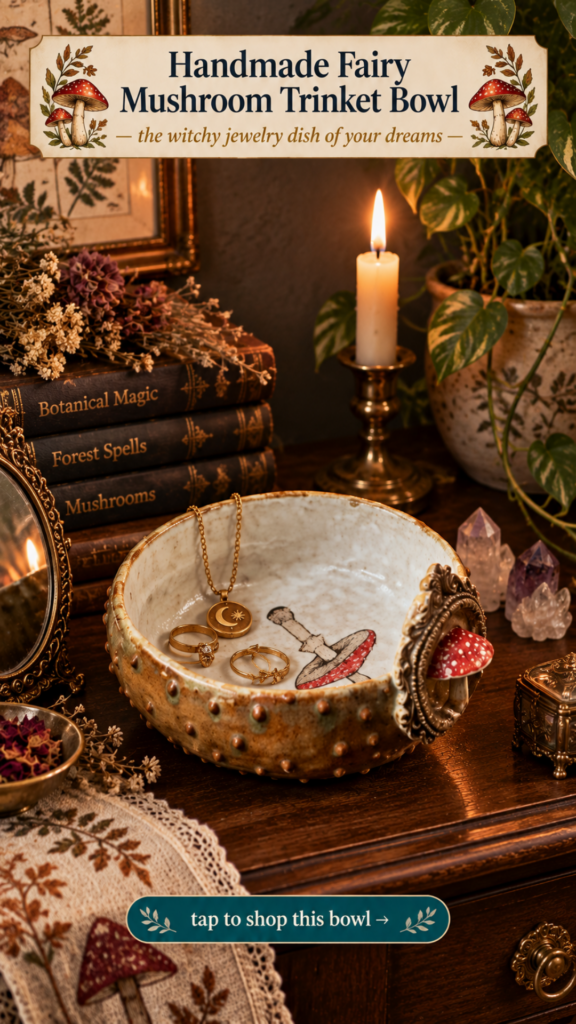 Handmade fairy mushroom ceramic trinket bowl with sculpted amanita for cottagecore mushroomcore decor