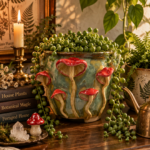 Handmade sage green speckled mushroom planter with sculpted amanita for cottagecore mushroomcore decor