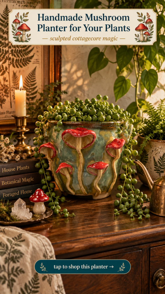 Handmade sage green speckled mushroom planter with sculpted amanita for cottagecore mushroomcore decor