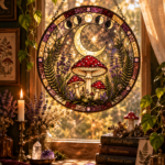Round stained glass moon phase mushroom suncatcher for witchy cottagecore mushroomcore home decor