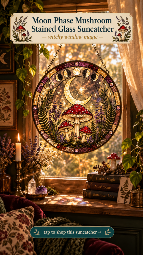 Round stained glass moon phase mushroom suncatcher for witchy cottagecore mushroomcore home decor