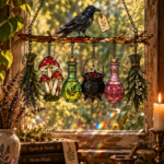Witch potion raven mushroom stained glass suncatcher for witchy cottagecore mushroomcore home decor
