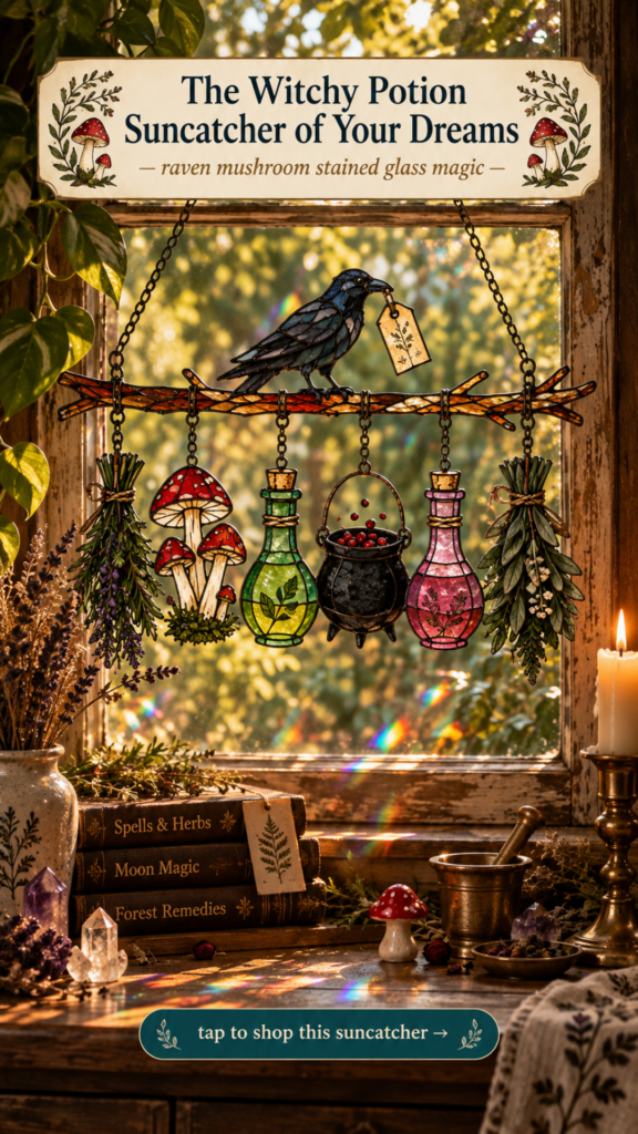 Witch potion raven mushroom stained glass suncatcher for witchy cottagecore mushroomcore home decor