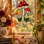 Whimsical red mushroom stained glass suncatcher for cottagecore mushroomcore kitchen window decor