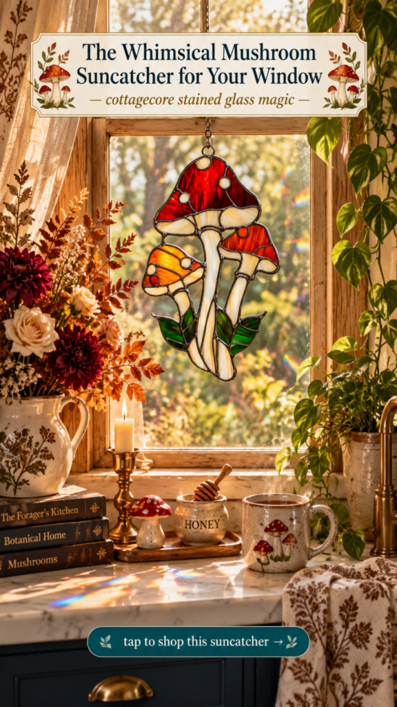 Whimsical red mushroom stained glass suncatcher for cottagecore mushroomcore kitchen window decor