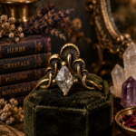 Handmade raw diamond aged brass mushroom ring for witchy cottagecore mushroomcore jewelry