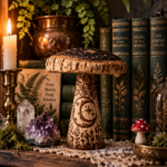 Handmade wood-burned toadstool sculpture with moon phases for witchy cottagecore mushroomcore altar decor