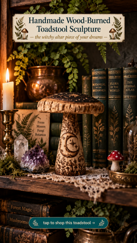 Handmade wood-burned toadstool sculpture with moon phases for witchy cottagecore mushroomcore altar decor