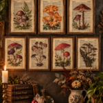 Vintage botanical mushroom art prints on dictionary pages for cottagecore mushroomcore gallery wall