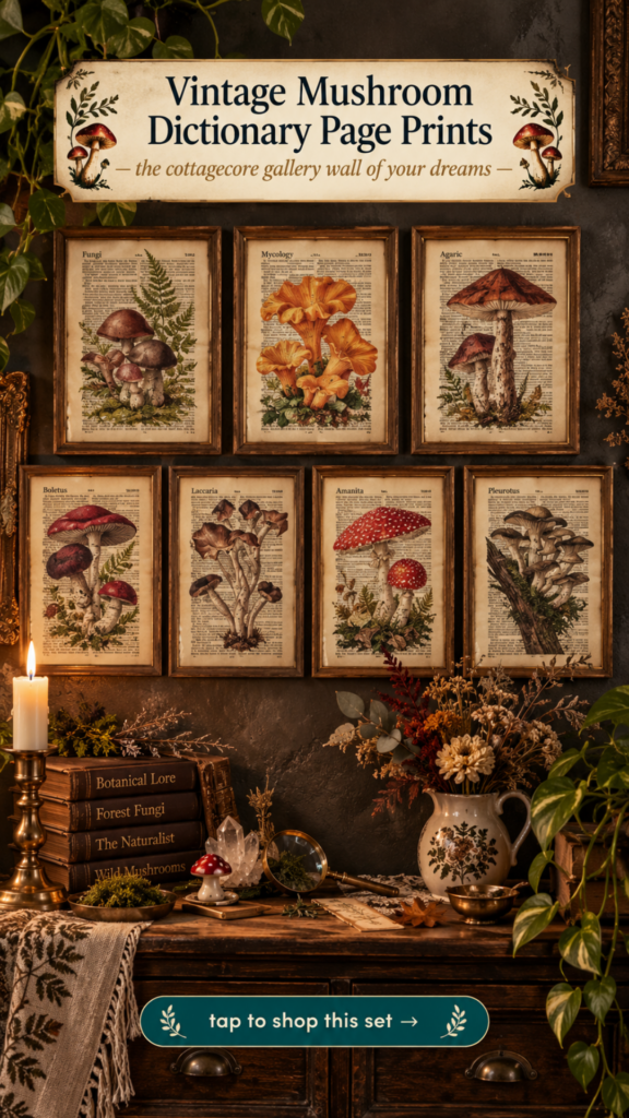 Vintage botanical mushroom art prints on dictionary pages for cottagecore mushroomcore gallery wall