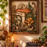 Handmade wooden shadow box snail mushroom fern wall art for cottagecore mushroomcore home decor