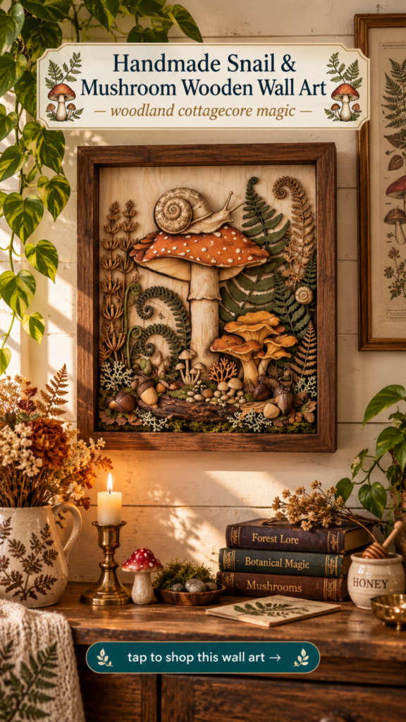 Handmade wooden shadow box snail mushroom fern wall art for cottagecore mushroomcore home decor