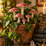 Faux realistic amanita mushrooms on sticks for cottagecore mushroomcore plant styling and home decor