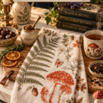 Cottagecore forest floor mushroom fern tea towel for mushroomcore fall kitchen decor