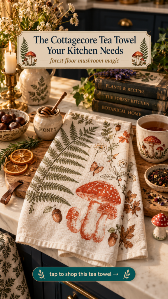 Cottagecore forest floor mushroom fern tea towel for mushroomcore fall kitchen decor