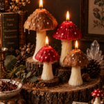Handmade sculpted mushroom candle set with red amanita for cottagecore mushroomcore fall decor